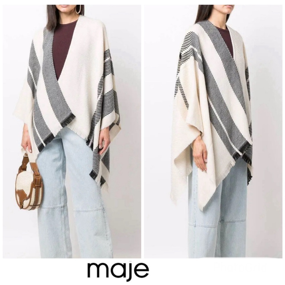 MAJE Neutral Cream Black Striped Wool Blend Fringed Shawl Wrap Cape Wrap Poncho